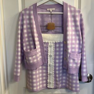 Maje Knitwear Suit - Cardigan + Skirt, Purple Plaid